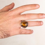 Brown Tiger Eye Stone Pen Handwork Patterned Silver Men&amp;#39;s Ring