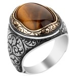 Brown Tiger Eye Stone Pen Handwork Patterned Silver Men&amp;#39;s Ring