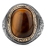 Brown Tiger Eye Stone Pen Handwork Patterned Silver Men&amp;#39;s Ring